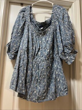 Old Navy Blue Floral Embroidered Peasant Blouse